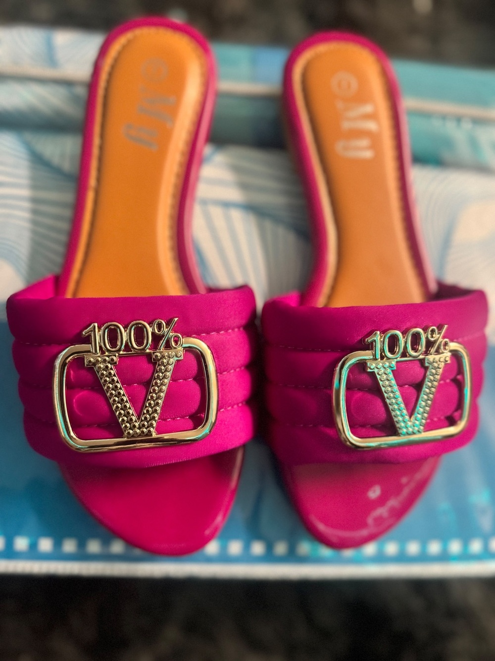 Unknown Brand Women's Hot Pink Slide Sandals with 100% V Emblem